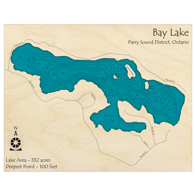 Bathymetric topo map of Bay Lake, ON with roads, towns and depths noted in blue water.
