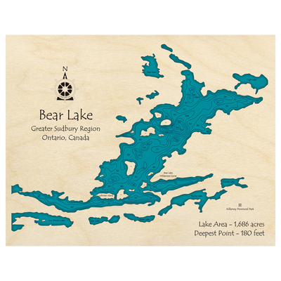 Bathymetric topo map of Bear Lake, ON with roads, towns and depths noted in blue water.