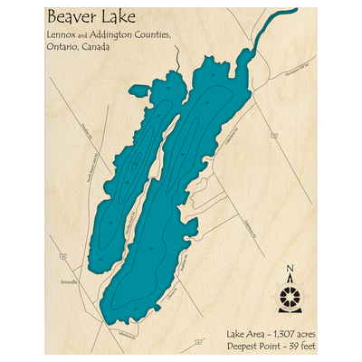 Bathymetric topo map of Beaver Lake, ON with roads, towns and depths noted in blue water.