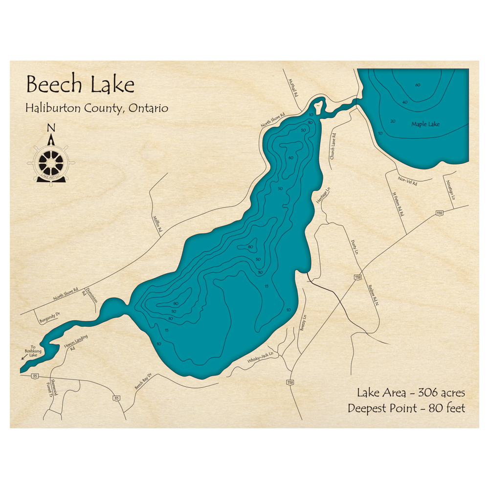 Bathymetric topo map of Beech Lake, ON with roads, towns and depths noted in blue water.