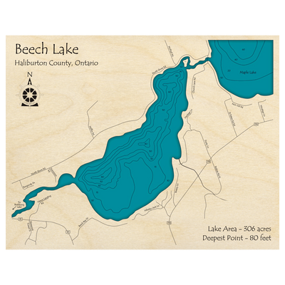 Bathymetric topo map of Beech Lake, ON with roads, towns and depths noted in blue water.