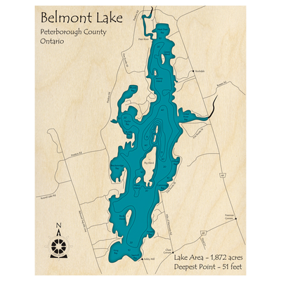 Bathymetric topo map of Belmont Lake, ON with roads, towns and depths noted in blue water.