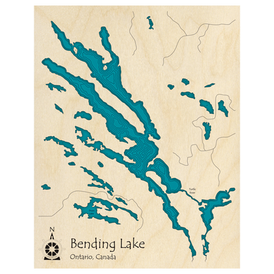 Bathymetric topo map of Bending Lake, ON with roads, towns and depths noted in blue water.