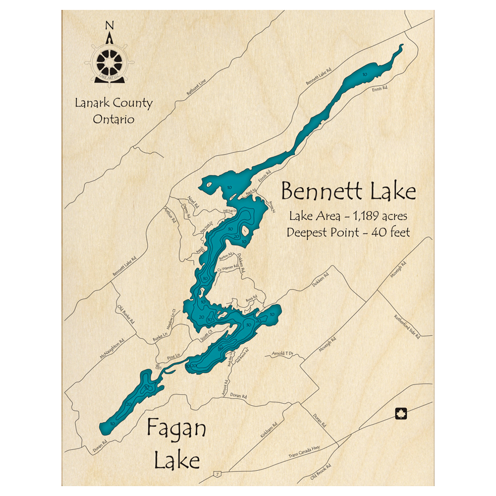 Bathymetric topo map of Bennett Lake and Fagan Lake, ON with roads, towns and depths noted in blue water.