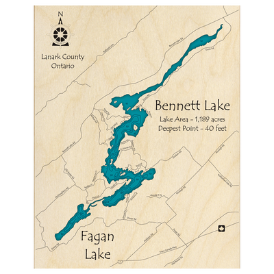 Bathymetric topo map of Bennett Lake and Fagan Lake, ON with roads, towns and depths noted in blue water.