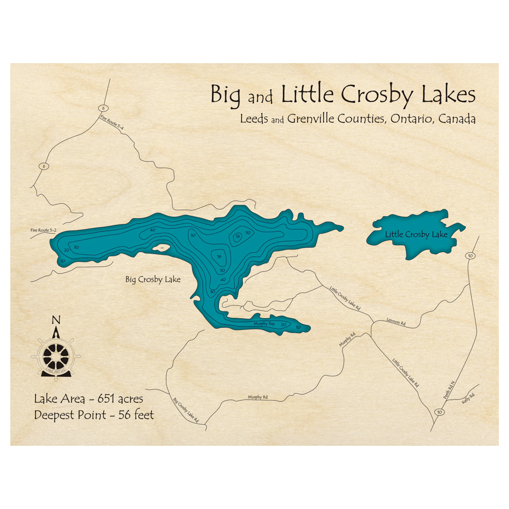 Bathymetric topo map of Crosby Lakes, ON with roads, towns and depths noted in blue water.
