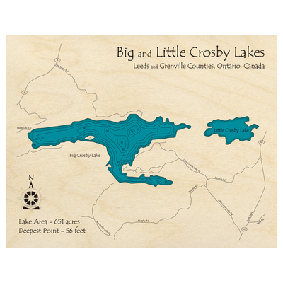 Bathymetric topo map of Crosby Lakes, ON with roads, towns and depths noted in blue water.