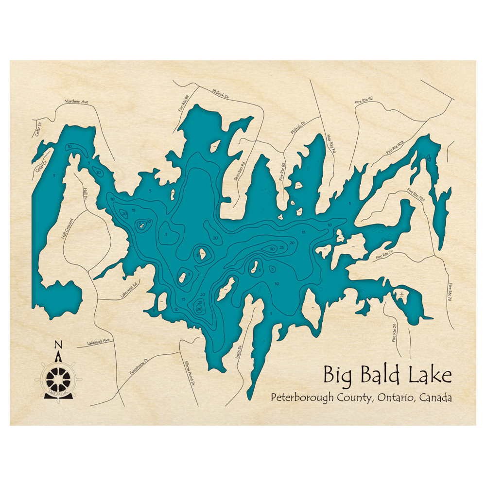 Bathymetric topo map of Big Bald Lake, ON with roads, towns and depths noted in blue water.