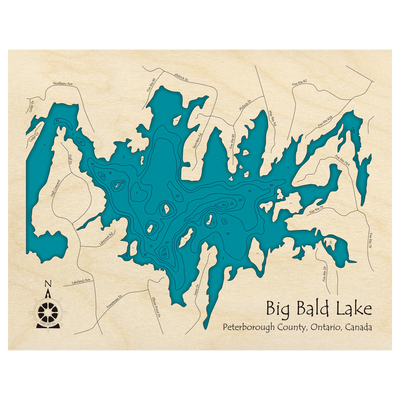 Bathymetric topo map of Big Bald Lake, ON with roads, towns and depths noted in blue water.