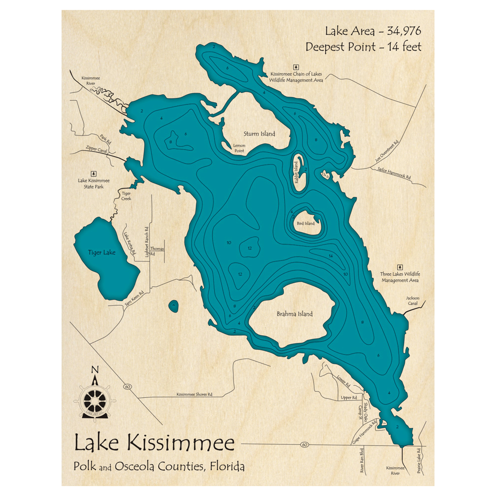 Bathymetric topo map of Lake Kissimmee, FL with roads, towns and depths noted in blue water.