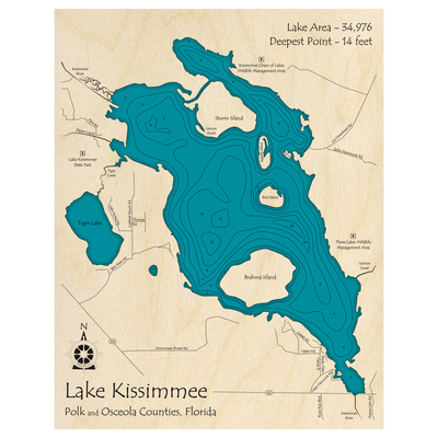 Bathymetric topo map of Lake Kissimmee, FL with roads, towns and depths noted in blue water.