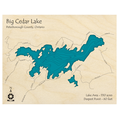Bathymetric topo map of Big Cedar Lake, ON with roads, towns and depths noted in blue water.