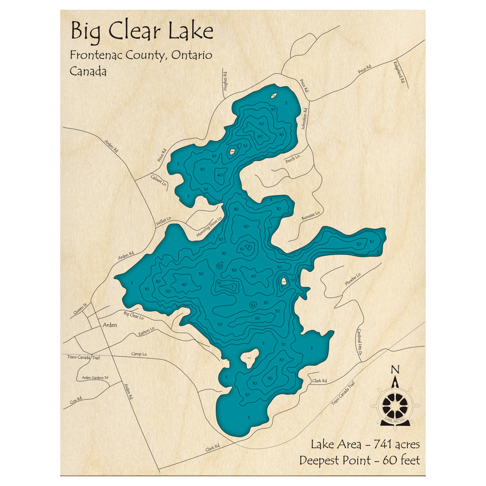 Bathymetric topo map of Big Clear Lake, ON with roads, towns and depths noted in blue water.