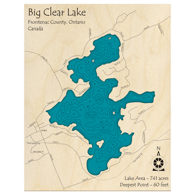 Bathymetric topo map of Big Clear Lake, ON with roads, towns and depths noted in blue water.