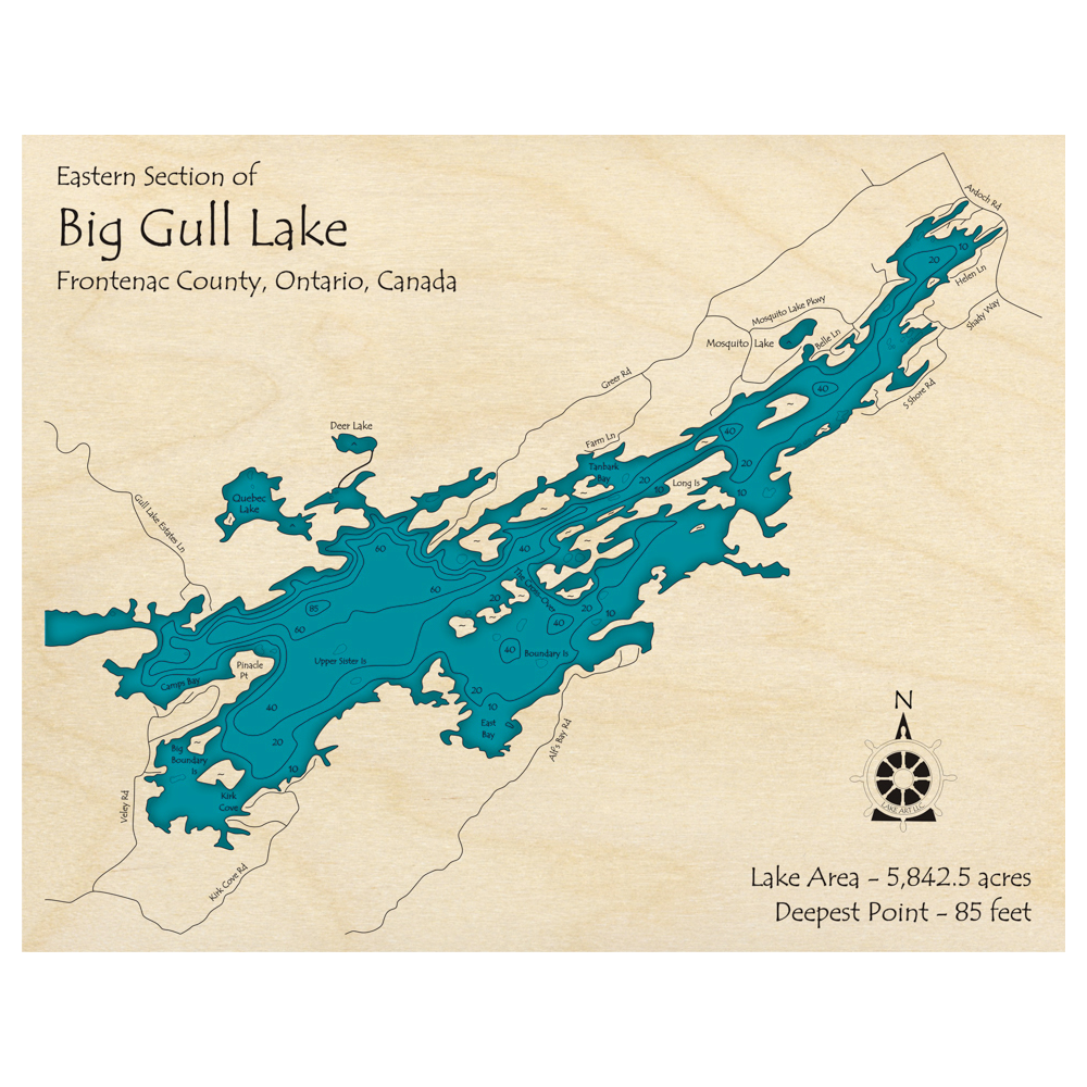 Bathymetric topo map of Big Gull Lake, ON with roads, towns and depths noted in blue water.