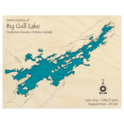 Bathymetric topo map of Big Gull Lake, ON with roads, towns and depths noted in blue water.