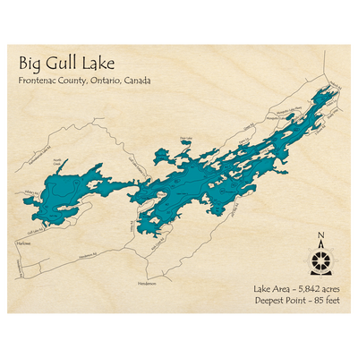 Bathymetric topo map of Big Gull Lake, ON with roads, towns and depths noted in blue water.