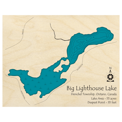 Bathymetric topo map of Big Lighthouse Lake, ON with roads, towns and depths noted in blue water.