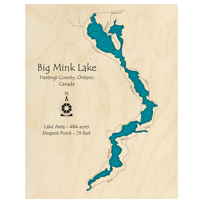 Bathymetric topo map of Big Mink Lake, ON with roads, towns and depths noted in blue water.