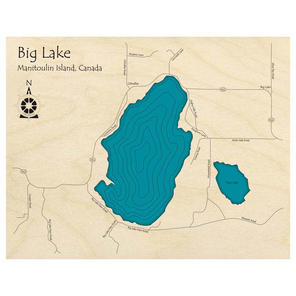 Bathymetric topo map of Big Lake, ON with roads, towns and depths noted in blue water.