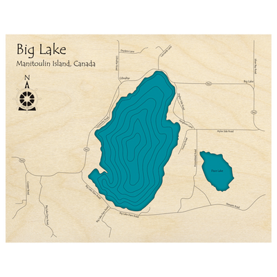 Bathymetric topo map of Big Lake, ON with roads, towns and depths noted in blue water.