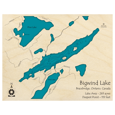 Bathymetric topo map of Bigwind Lake, ON with roads, towns and depths noted in blue water.