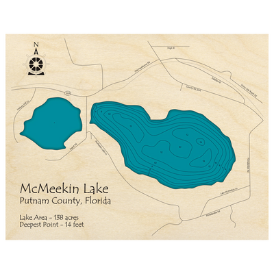 Bathymetric topo map of Lake McMeekin, FL with roads, towns and depths noted in blue water.