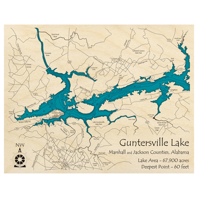 Bathymetric topo map of Guntersville Lake, AL with roads, towns and depths noted in blue water.