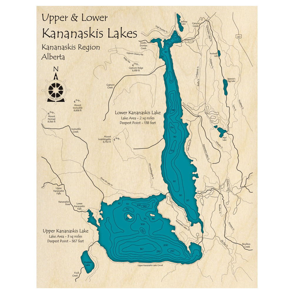 Bathymetric topo map of Upper and Lower Kananaskis Lakes, AB with roads, towns and depths noted in blue water.