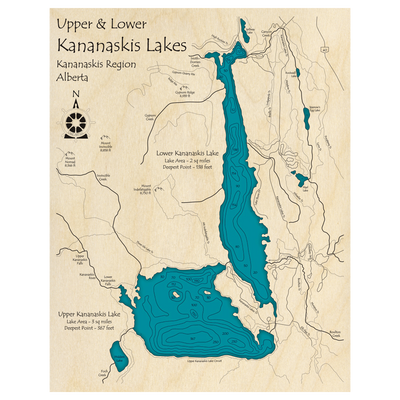 Bathymetric topo map of Upper and Lower Kananaskis Lakes, AB with roads, towns and depths noted in blue water.