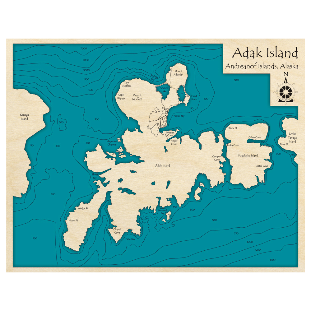 Bathymetric topo map of Adak Island, AK with roads, towns and depths noted in blue water.