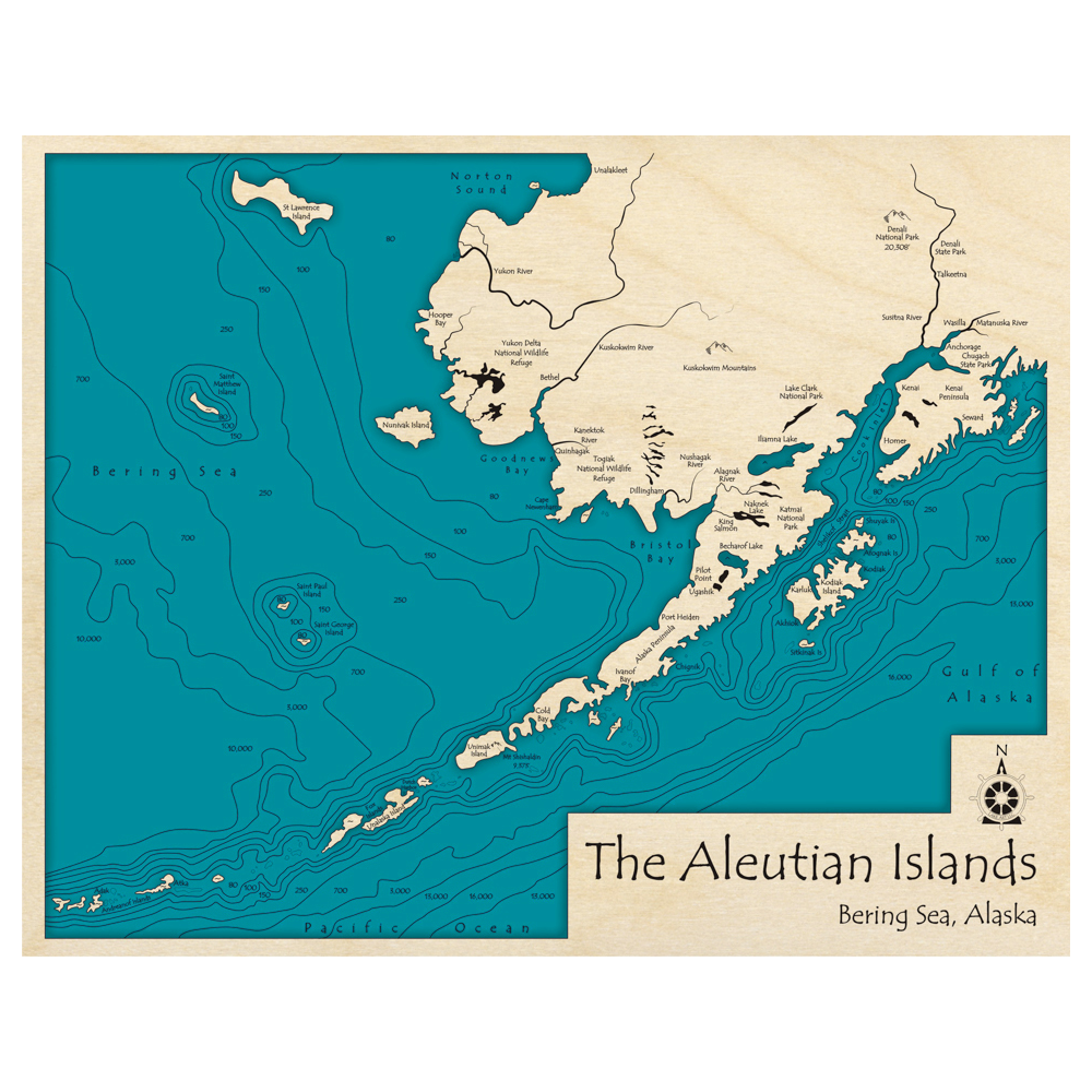 Bathymetric topo map of The Aleutian Islands, AK with roads, towns and depths noted in blue water.