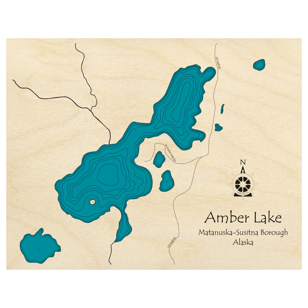 Bathymetric topo map of Amber Lake, AK with roads, towns and depths noted in blue water.