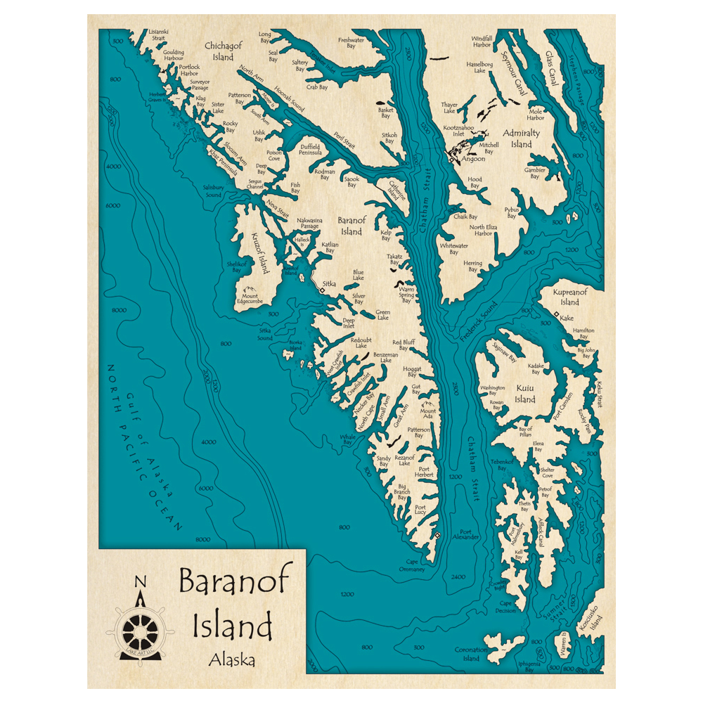 Bathymetric topo map of Baranof Island, AK with roads, towns and depths noted in blue water.