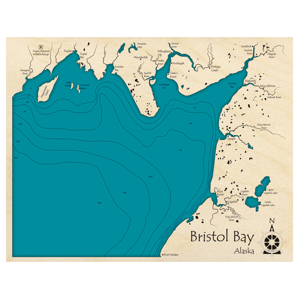 Bathymetric topo map of Bristol Bay, AK with roads, towns and depths noted in blue water.