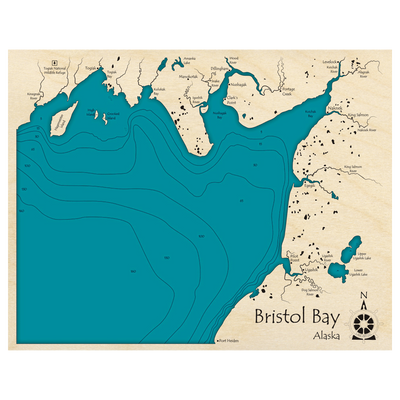 Bathymetric topo map of Bristol Bay, AK with roads, towns and depths noted in blue water.