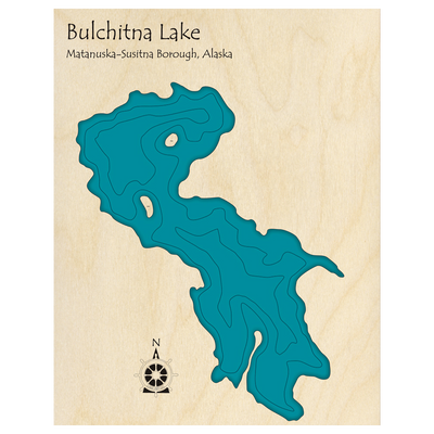 Bathymetric topo map of Bulchitna Lake, AK with roads, towns and depths noted in blue water.