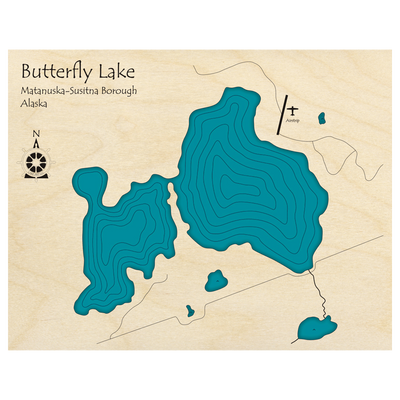 Bathymetric topo map of Butterfly Lake, AK with roads, towns and depths noted in blue water.
