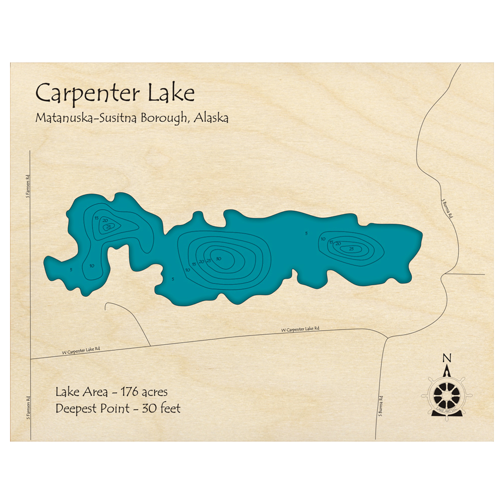 Bathymetric topo map of Carpenter Lake, AK with roads, towns and depths noted in blue water.