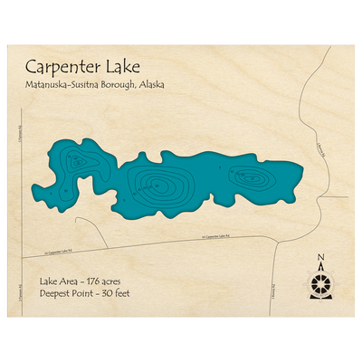 Bathymetric topo map of Carpenter Lake, AK with roads, towns and depths noted in blue water.