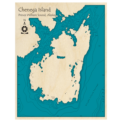Bathymetric topo map of Chenaga Island, AK with roads, towns and depths noted in blue water.