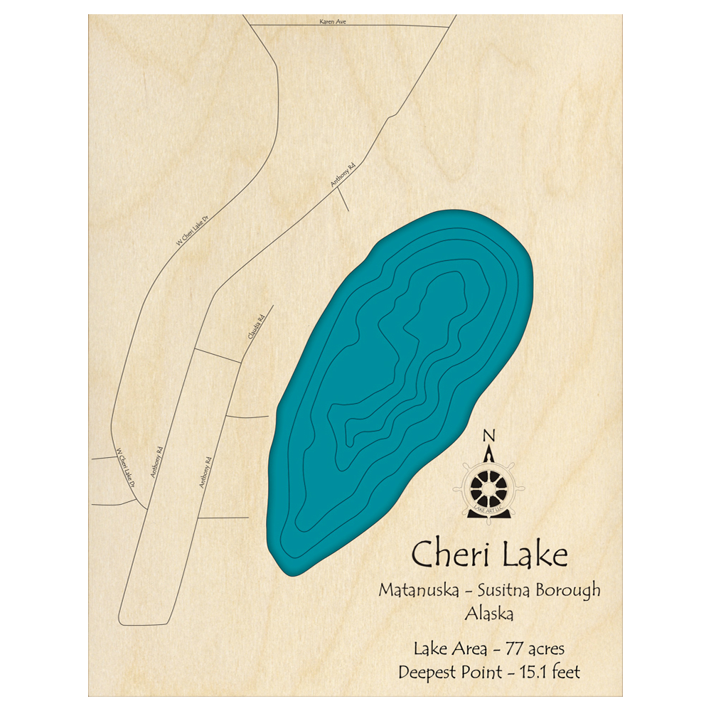 Bathymetric topo map of Cheri Lake, AK with roads, towns and depths noted in blue water.