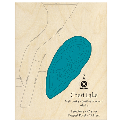 Bathymetric topo map of Cheri Lake, AK with roads, towns and depths noted in blue water.