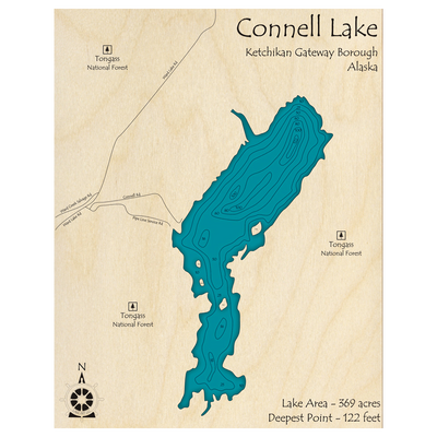 Bathymetric topo map of Connell Lake, AK with roads, towns and depths noted in blue water.
