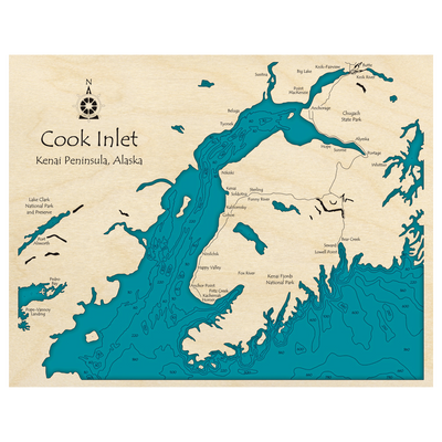 Bathymetric topo map of Cook Inlet, AK with roads, towns and depths noted in blue water.