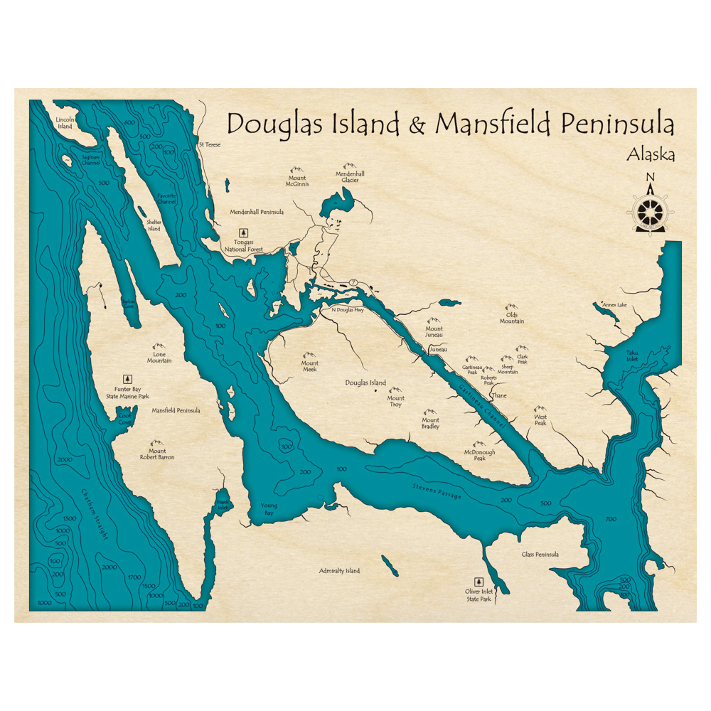 Bathymetric topo map of Douglas Island and Mansfield Peninsula, AK with roads, towns and depths noted in blue water.