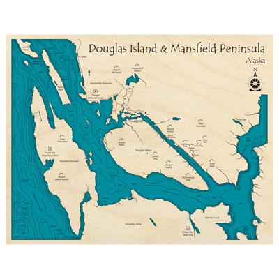 Bathymetric topo map of Douglas Island and Mansfield Peninsula, AK with roads, towns and depths noted in blue water.