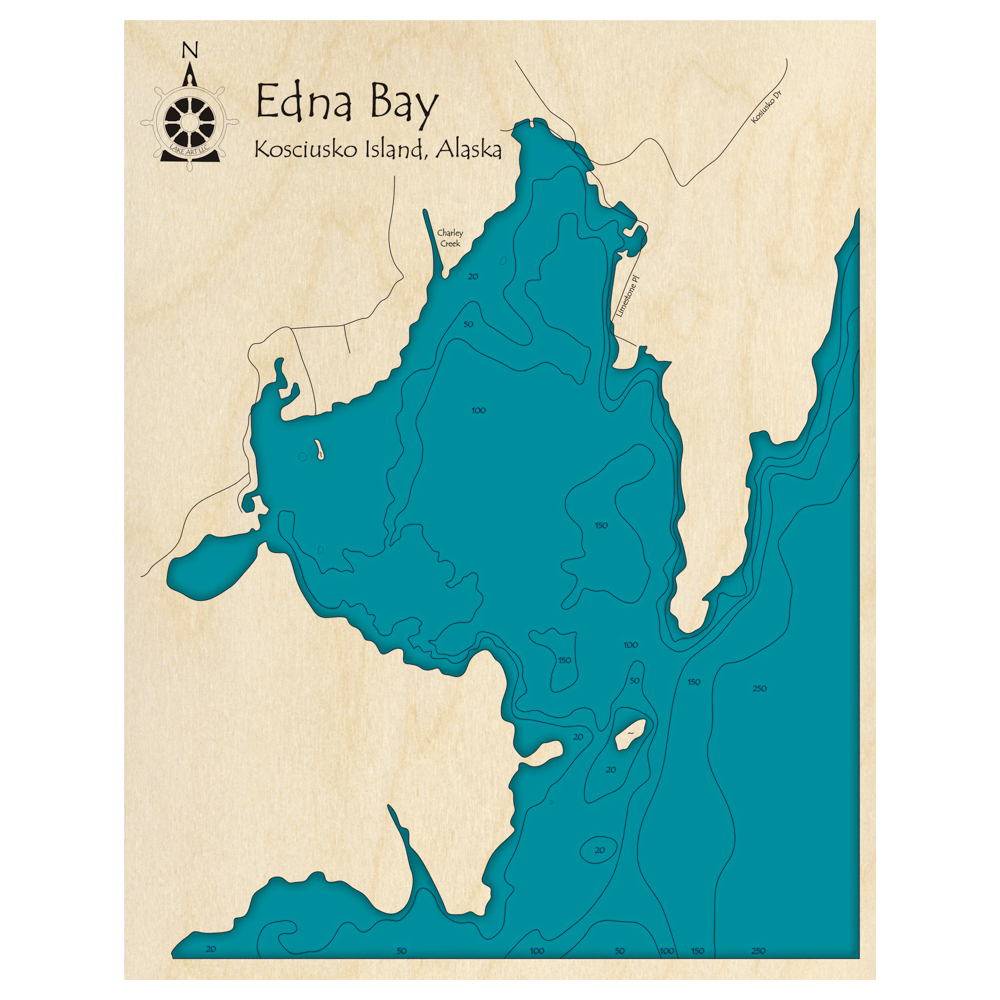 Bathymetric topo map of Edna Bay, AK with roads, towns and depths noted in blue water.