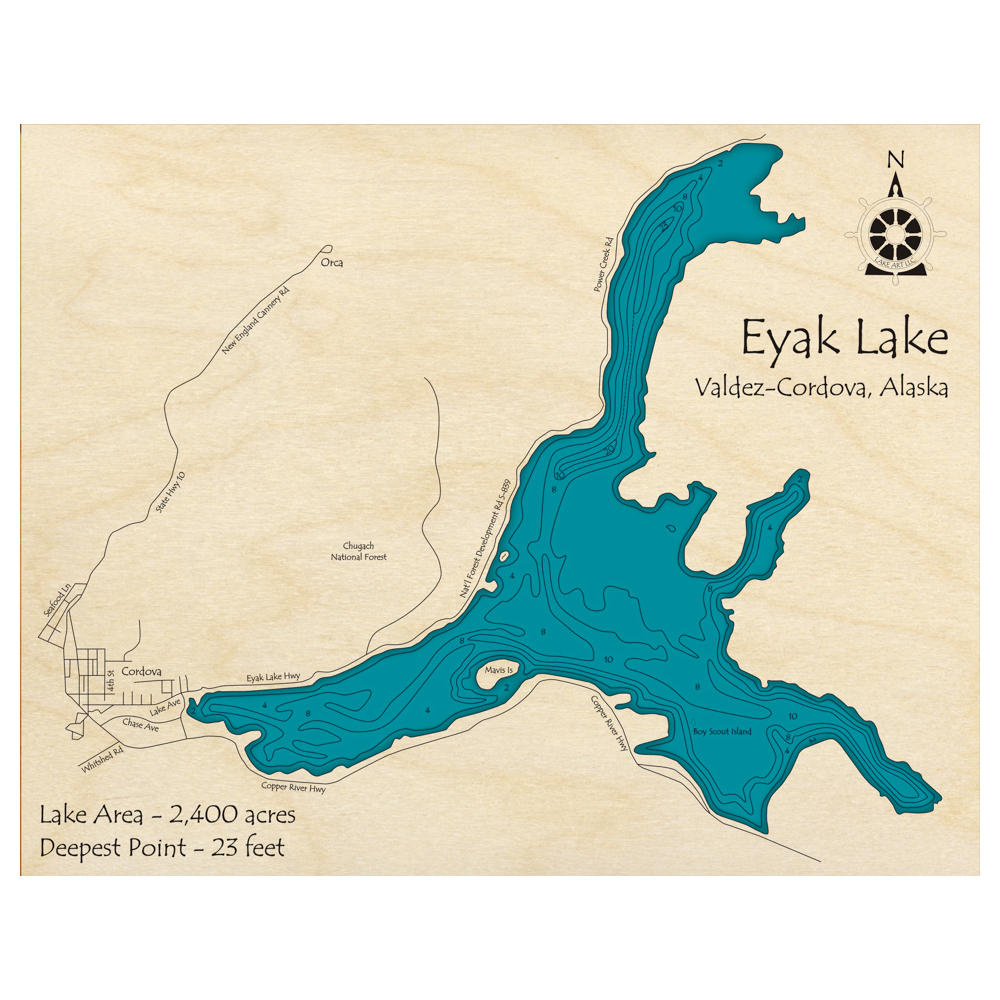 Bathymetric topo map of Eyak Lake, AK with roads, towns and depths noted in blue water.