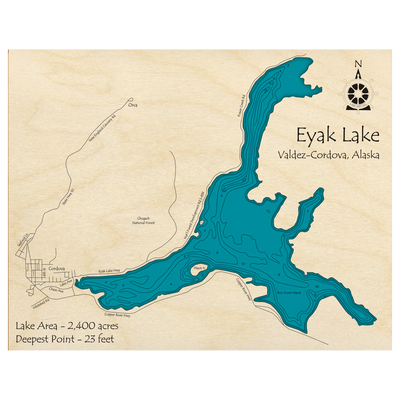 Bathymetric topo map of Eyak Lake, AK with roads, towns and depths noted in blue water.